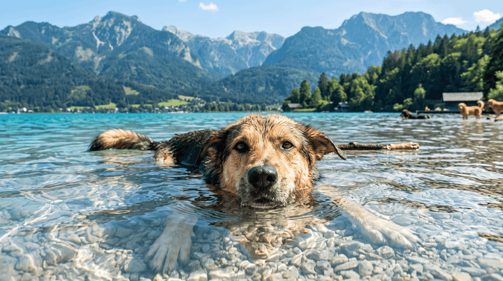 Hund badet im See