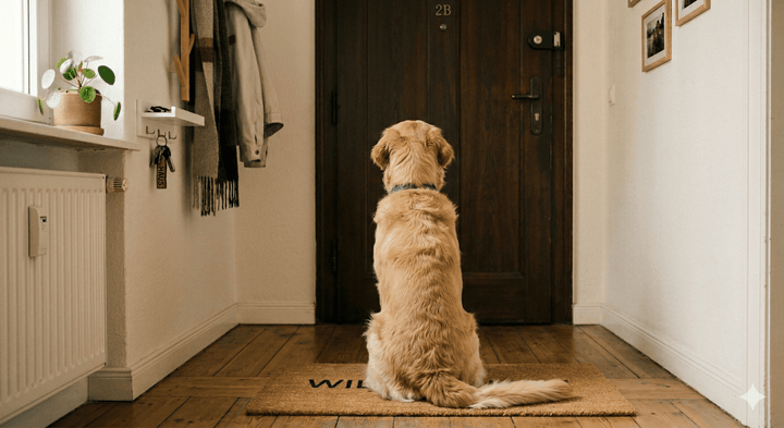 Hund sitzt wartend vor der Türe